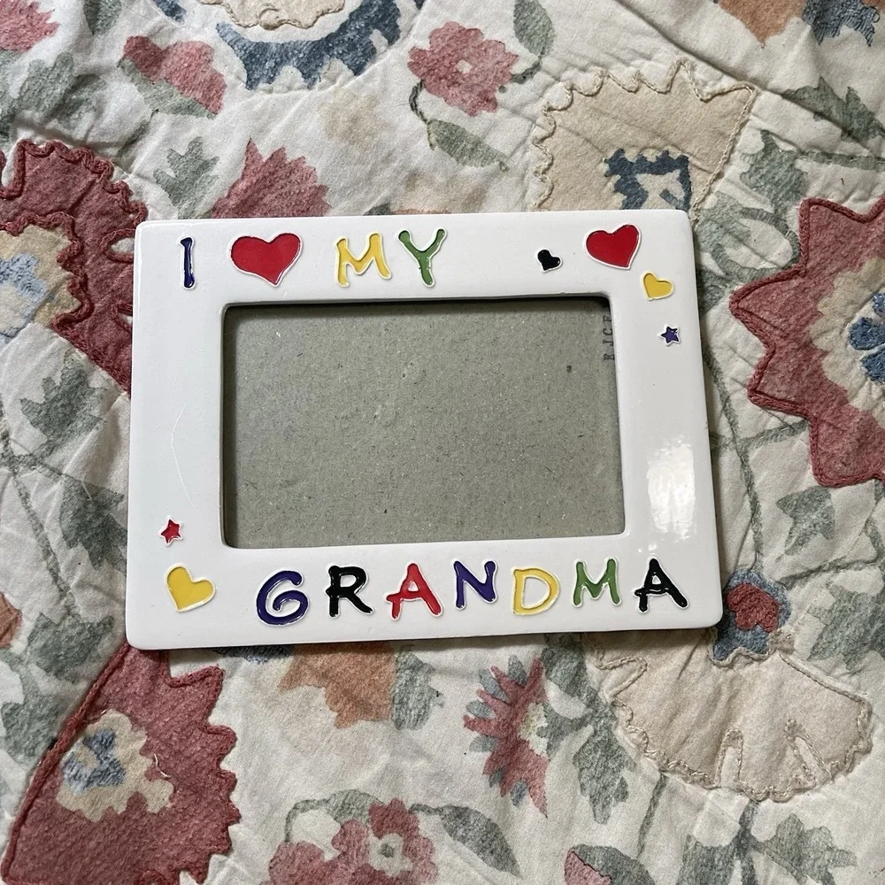 Vtg Set I Love My Grandma Grandpa Colorful Ceramic Crayon Picture Frames Easel